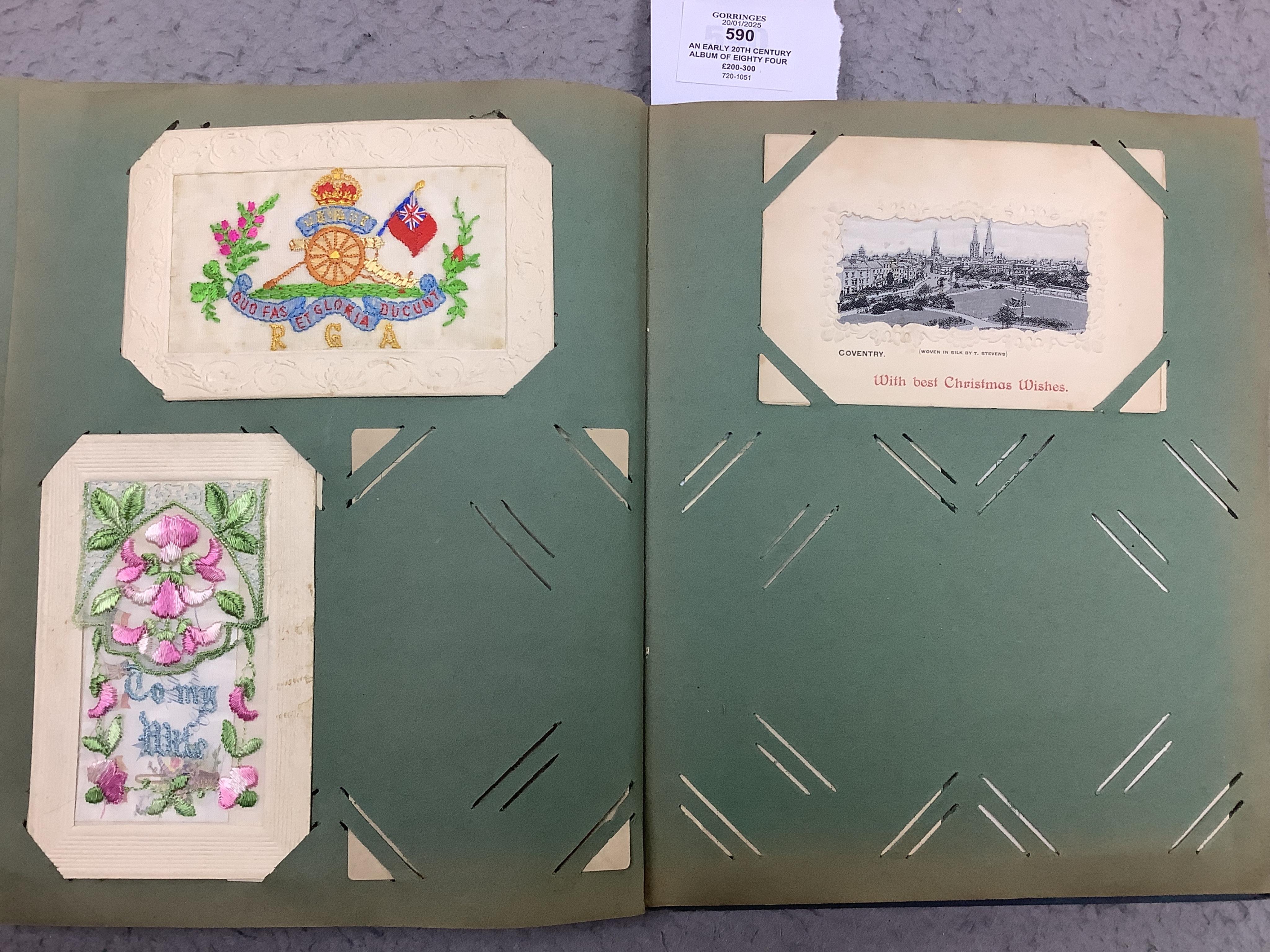 An early 20th century album of eighty four postcards; good selection including mechanical, silks, novelty, etc. Condition - variable